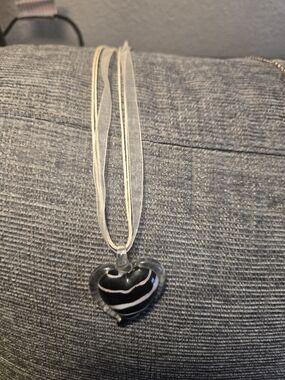 Black Heart Glass Pendant Necklace with White Stripe
